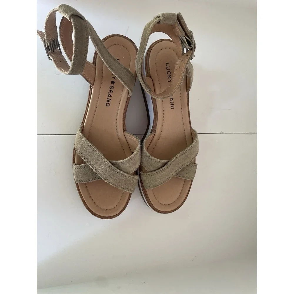 Lucky Brand Suede Wedge Platform Sandal Size‎ 8.5 Tarhi Olive Green Brown Whit